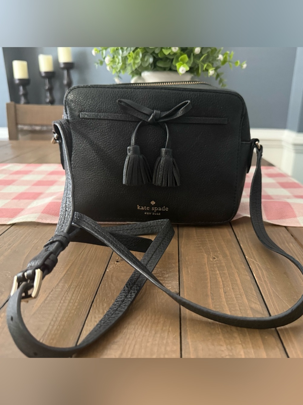 kate spade Black Leather Crossbody with Tassel Bow